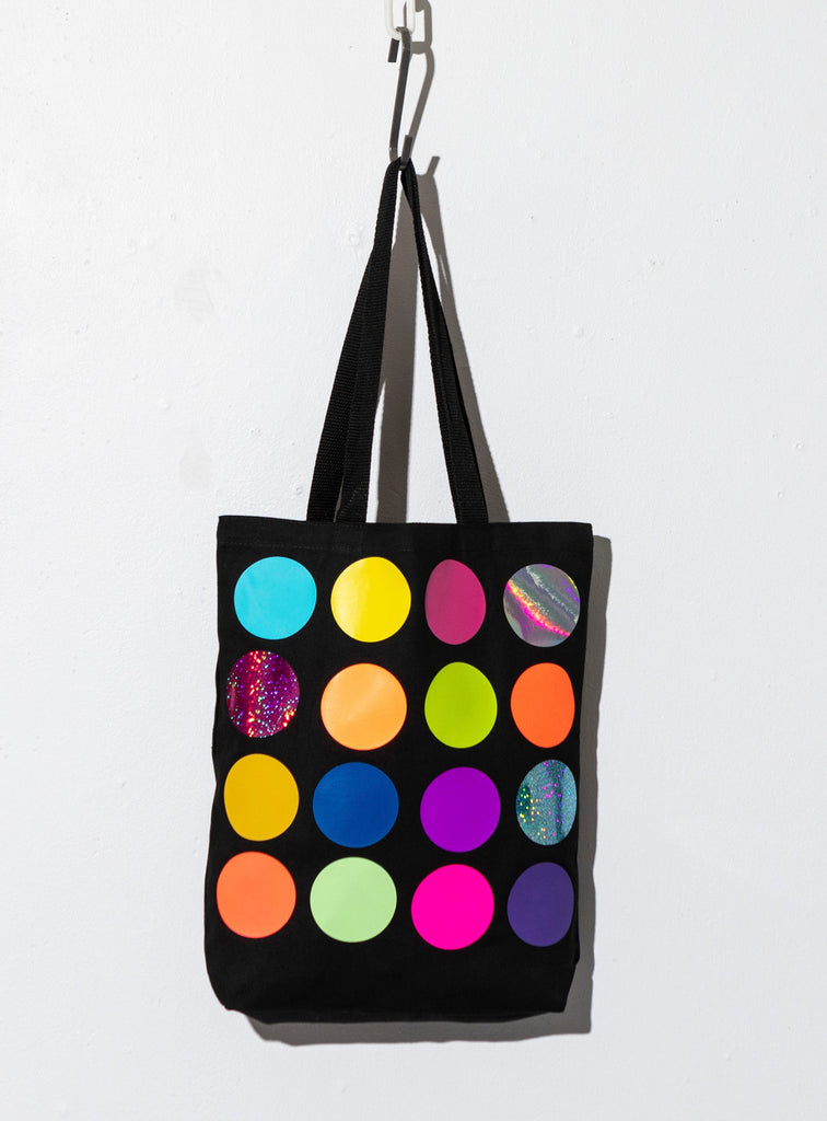 black canvas colourful polka dot graphic tote bag
