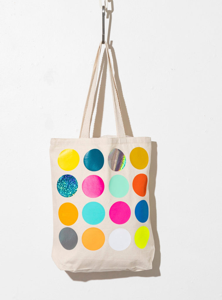 natural canvas colourful polka dot graphic tote bag