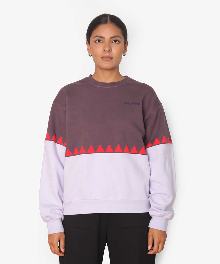 oversized cotton sweatshirt eggplant lavender geometric print