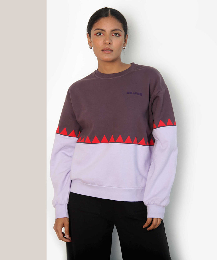 oversized cotton sweatshirt eggplant lavender geometric print