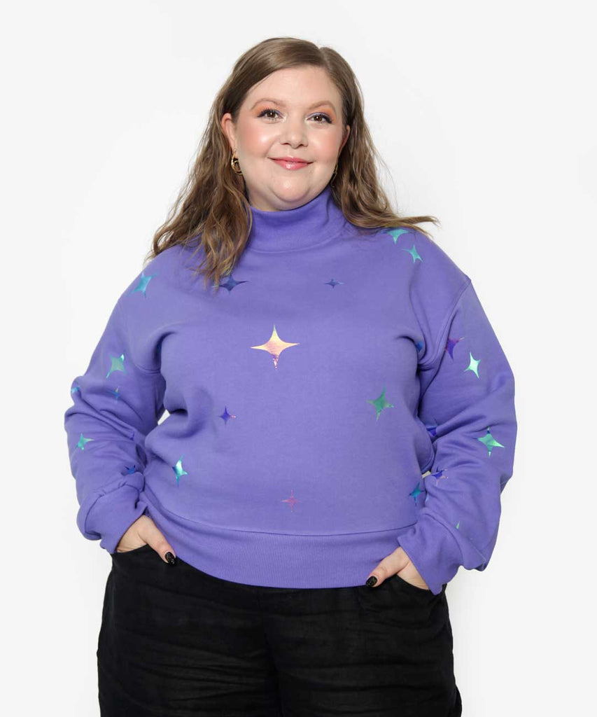 Blue violet twinkle cropped mock neck sweatshirt