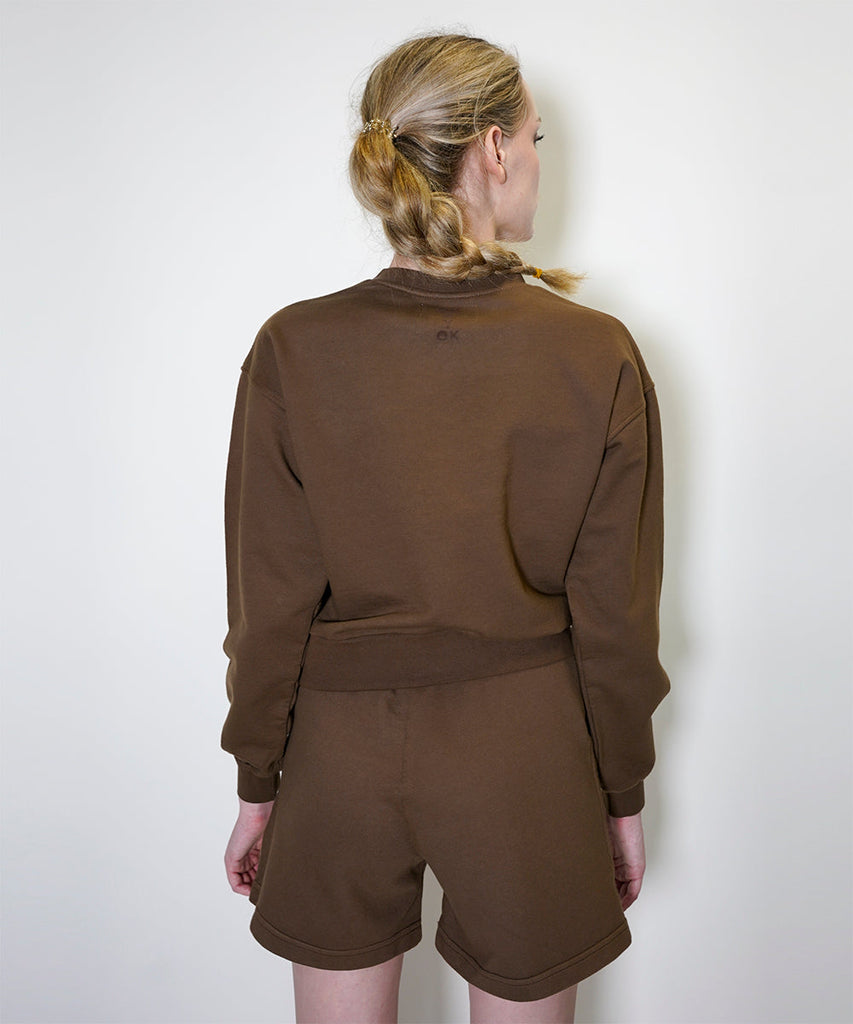 cropped crewneck cotton fleece brown sweatshirt