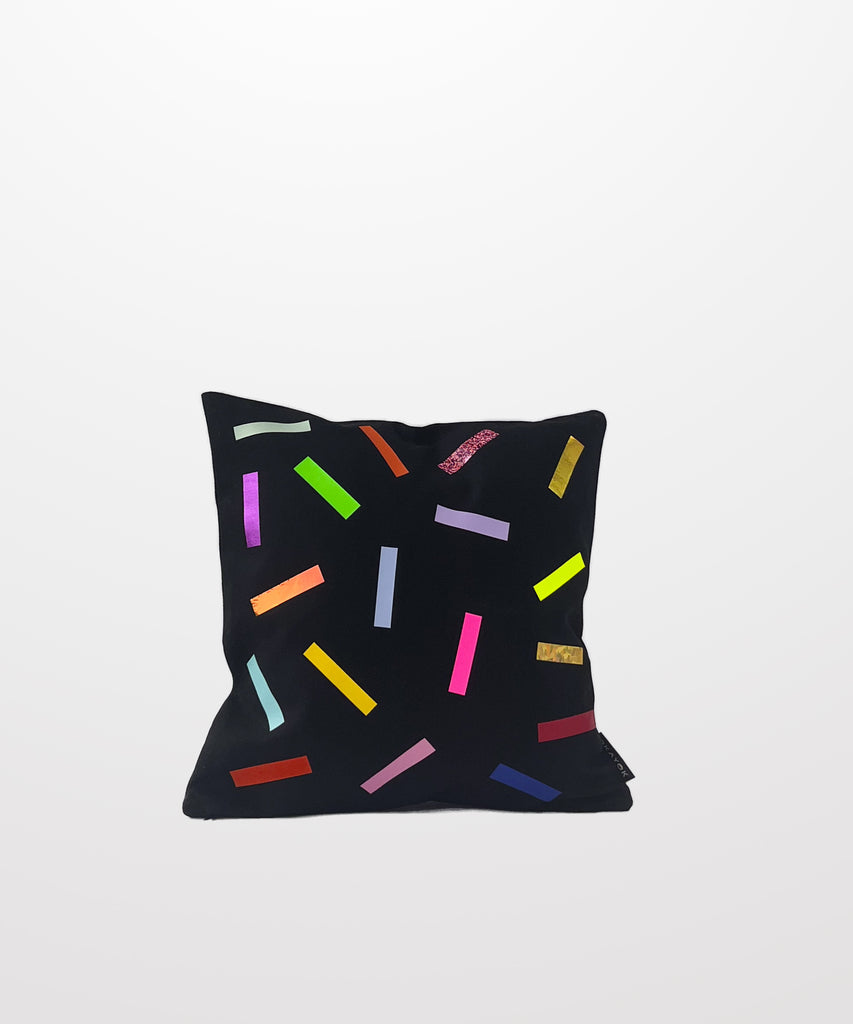 colourful confetti graphic natural cotton canvas mini pillow black