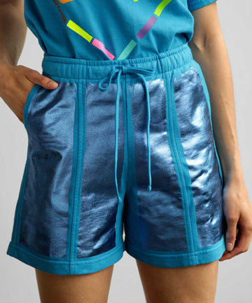 Sapphire blue semi-fitted drawstring cotton shorts metallic foil