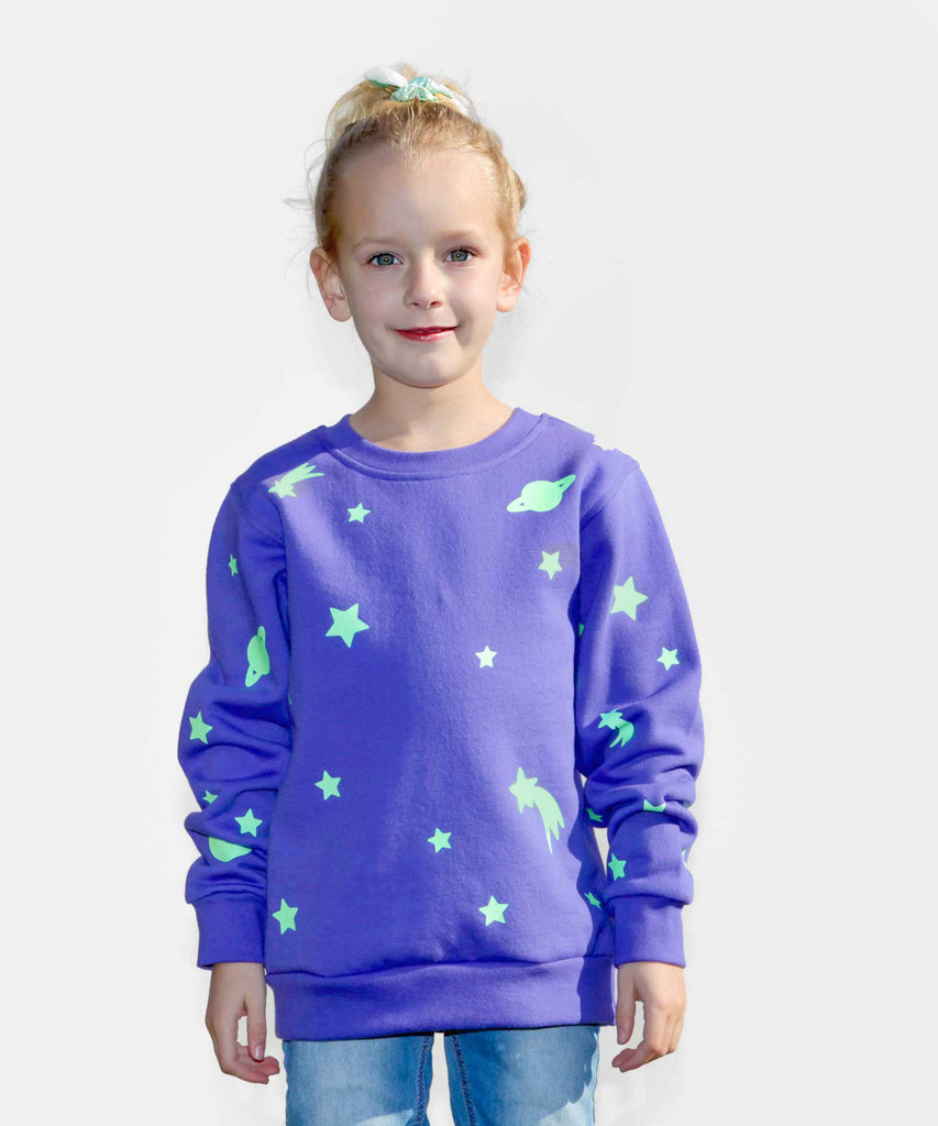 kids cotton sweatshirt blue violet glow-in-the-dark stars