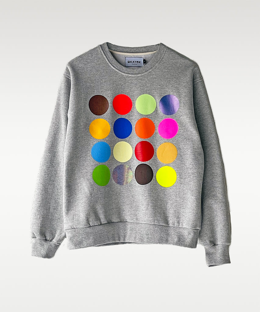 oversized grey cotton fleece sweatshirt colourful circles