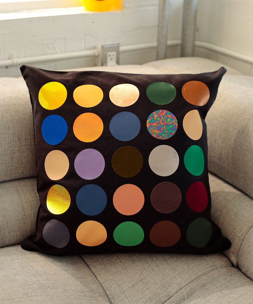 black canvas jewel tones polka dot graphic pillow