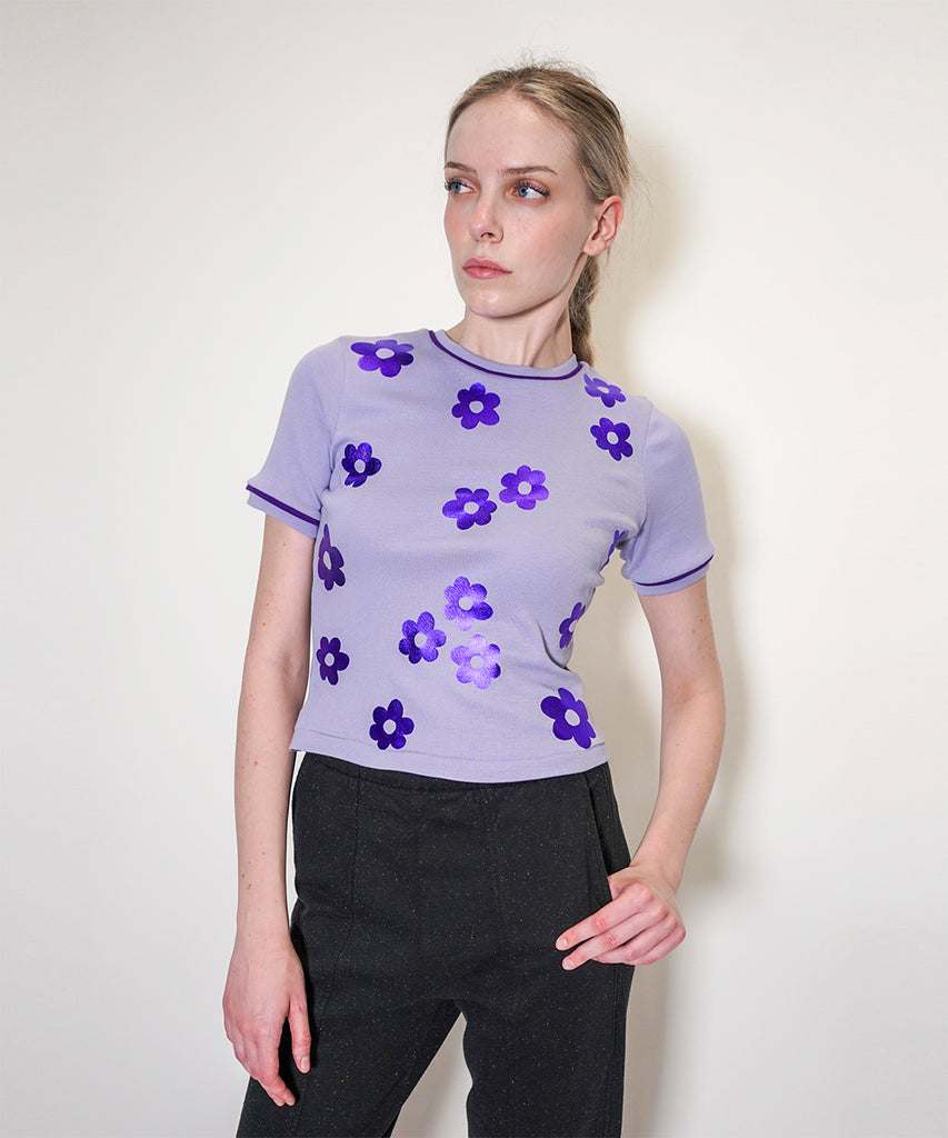 fitted baby rib t-shirt lavender metallic flower print