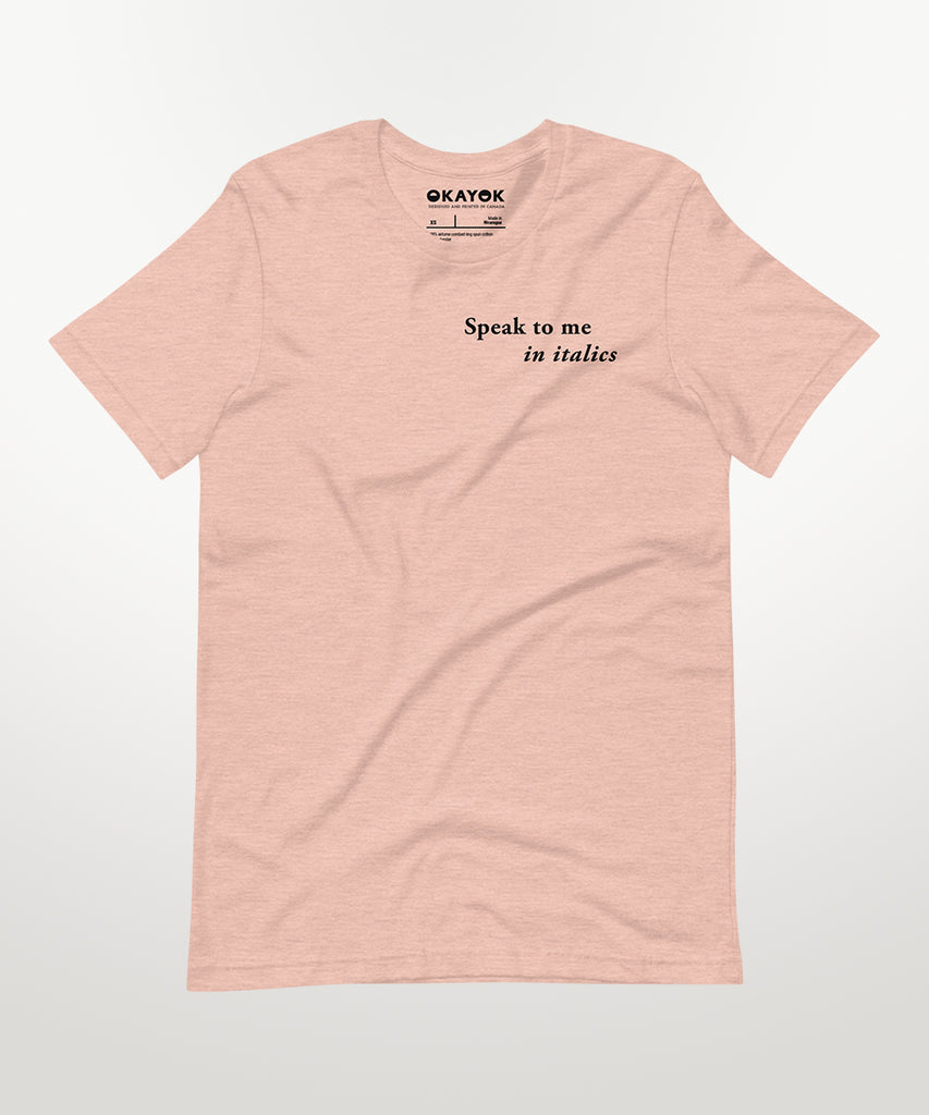 speak to me in italics print t-shirt peach