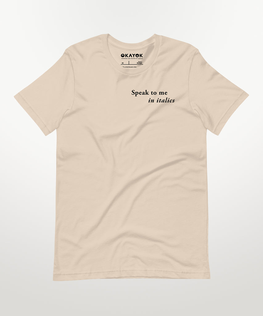 speak to me in italics print t-shirt cream