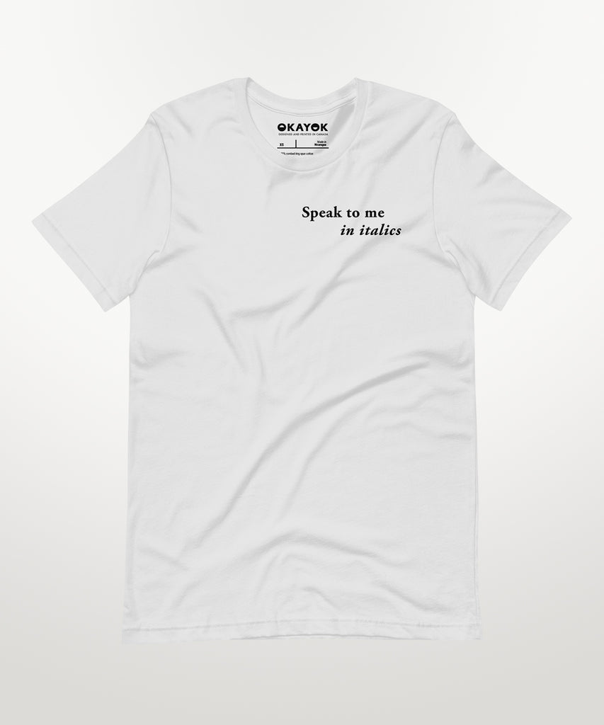 speak to me in italics print t-shirt white