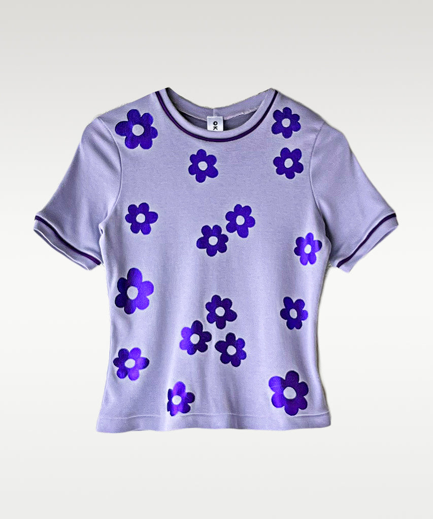 fitted baby rib t-shirt lavender metallic flower print