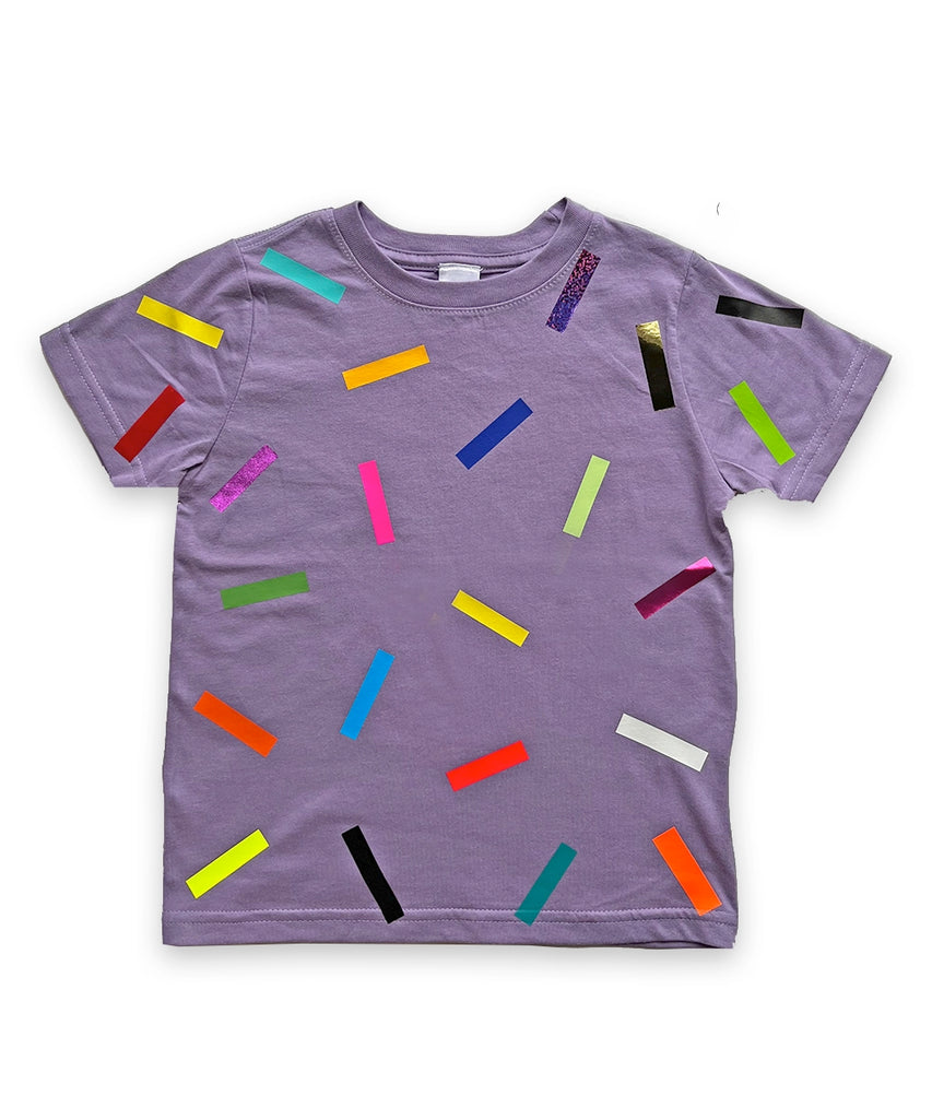 a purple cotton t-shirt with colorful sprinkle confetti pattern