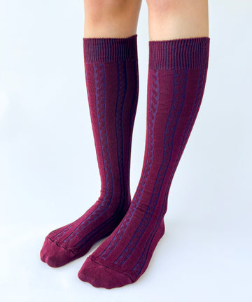 Purple knee-high cotton socks with a textured pattern
