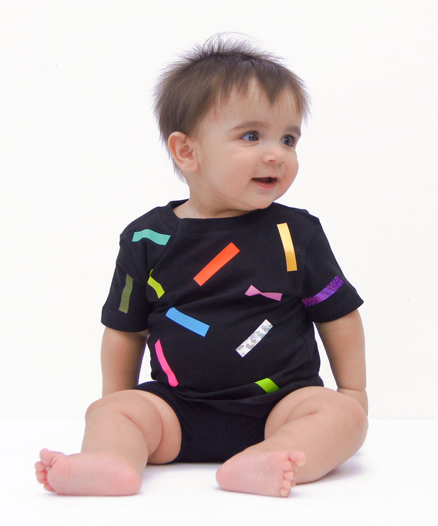 Black cotton baby t-shirt colourful confetti graphic
