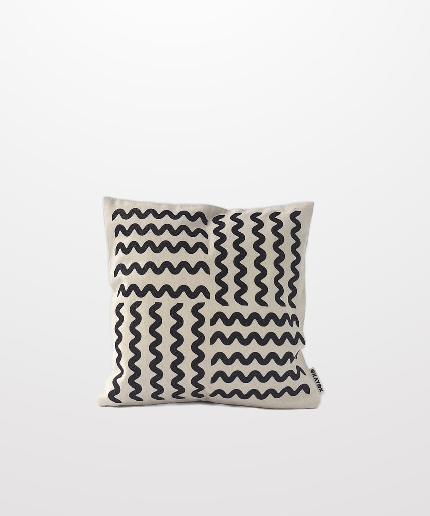 black sparkly squiggle printed natural cotton canvas mini pillow