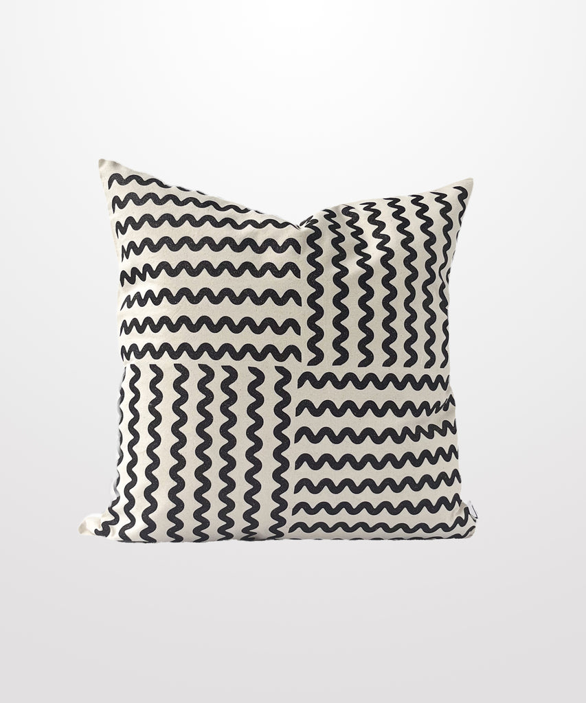 black sparkly squiggle printed natural cotton canvas pillow