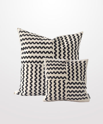 black sparkly squiggle printed natural cotton canvas pillows