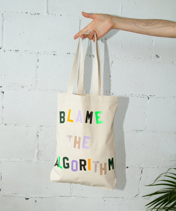 Blame the algorithm cotton canvas tote bag