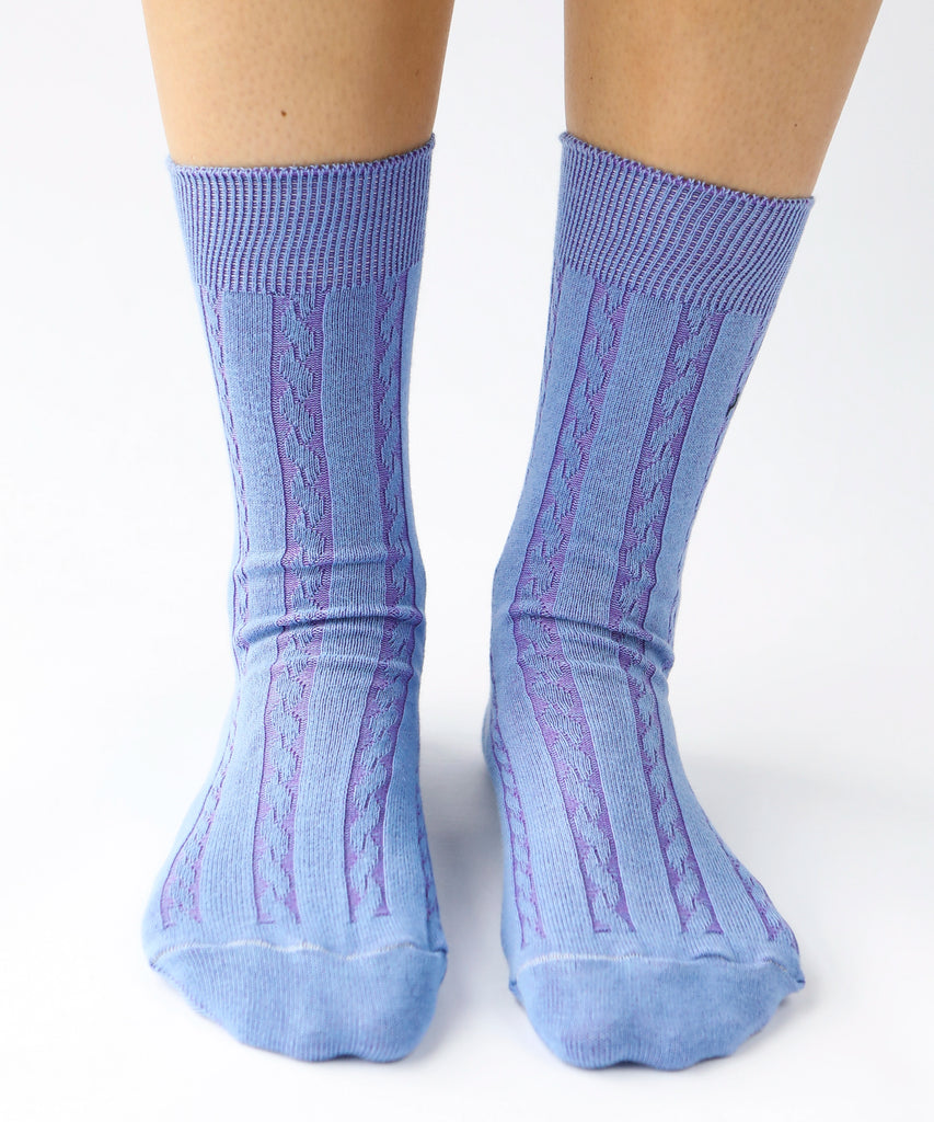 Cotton dress socks with cable design in periwinkle blue and purple