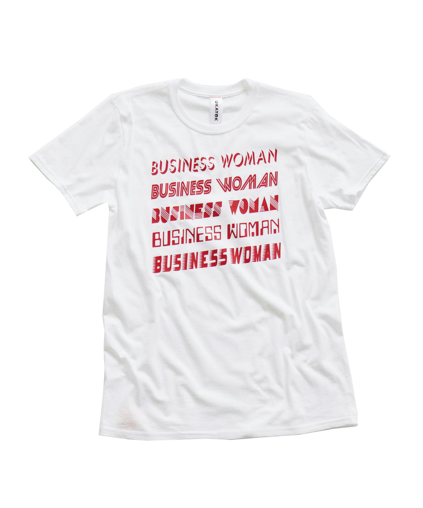 White unisex tee red business woman print
