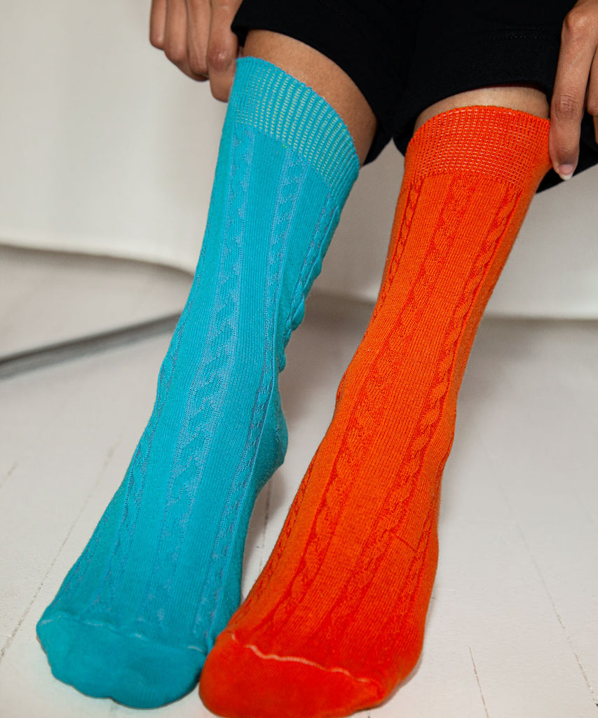 cable knit cotton dress socks cyan blue orange