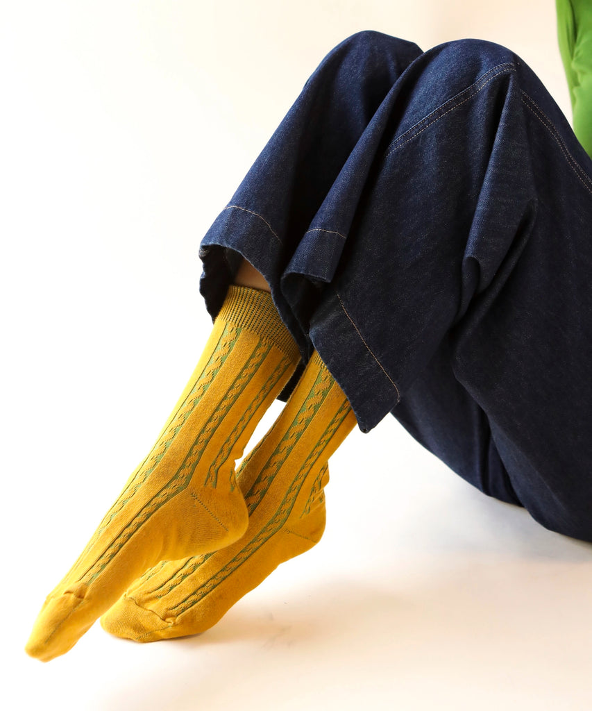 cable knit socks in yellow and green