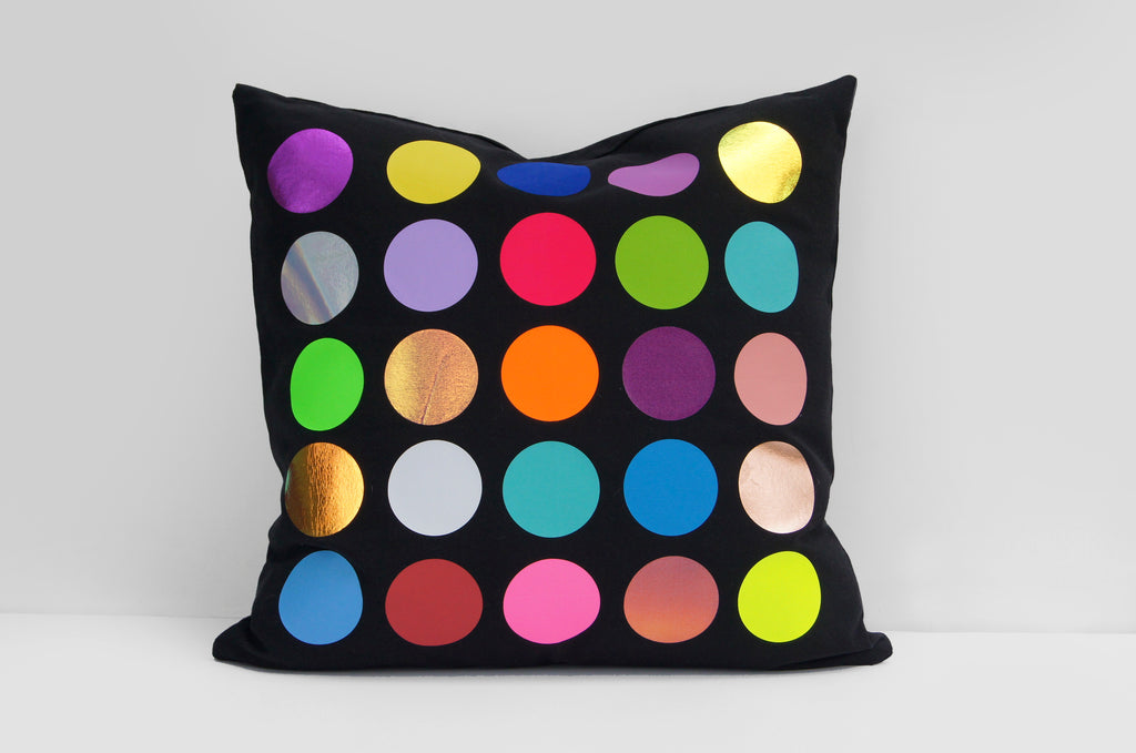 black canvas colourful polka dot graphic pillow
