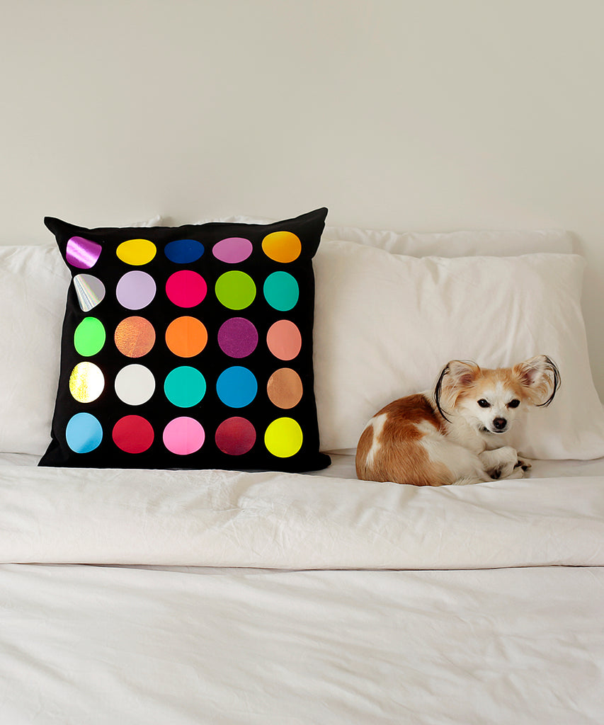 black canvas colourful polka dot graphic pillow