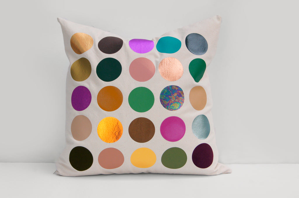 natural canvas jewel tones polka dot graphic pillow