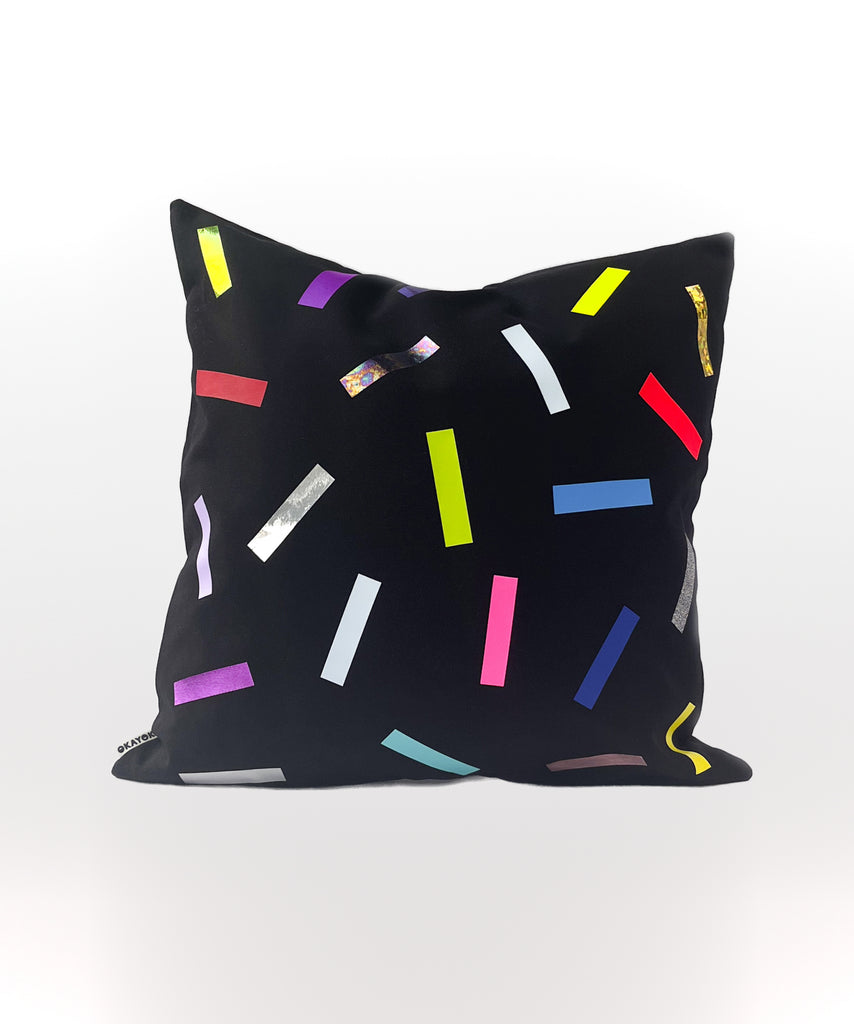 colourful confetti graphic natural cotton canvas pillow black