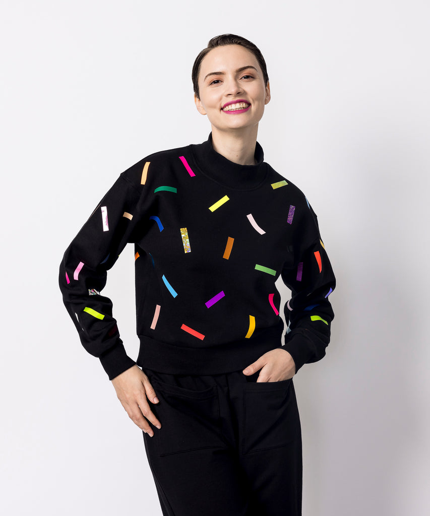 cropped mockneck cotton black sweatshirt colourful confetti graphic