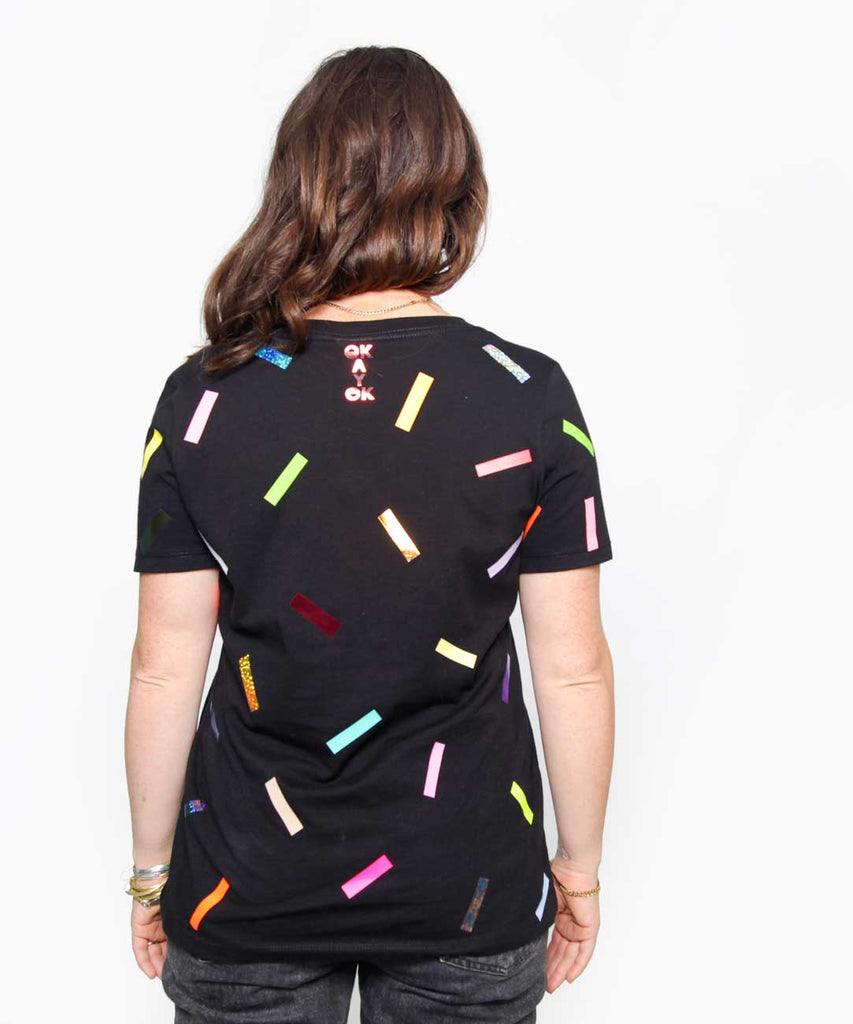 Women's cotton V-Neck t-shirt confetti print black