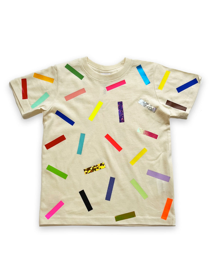 Beige cotton kids t-shirt with colorful confetti sprinkles
