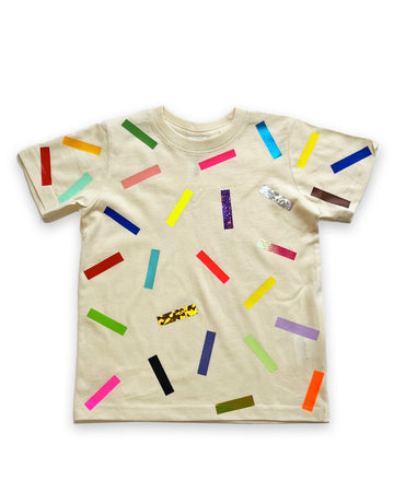 Beige cotton kids t-shirt with colorful confetti sprinkles