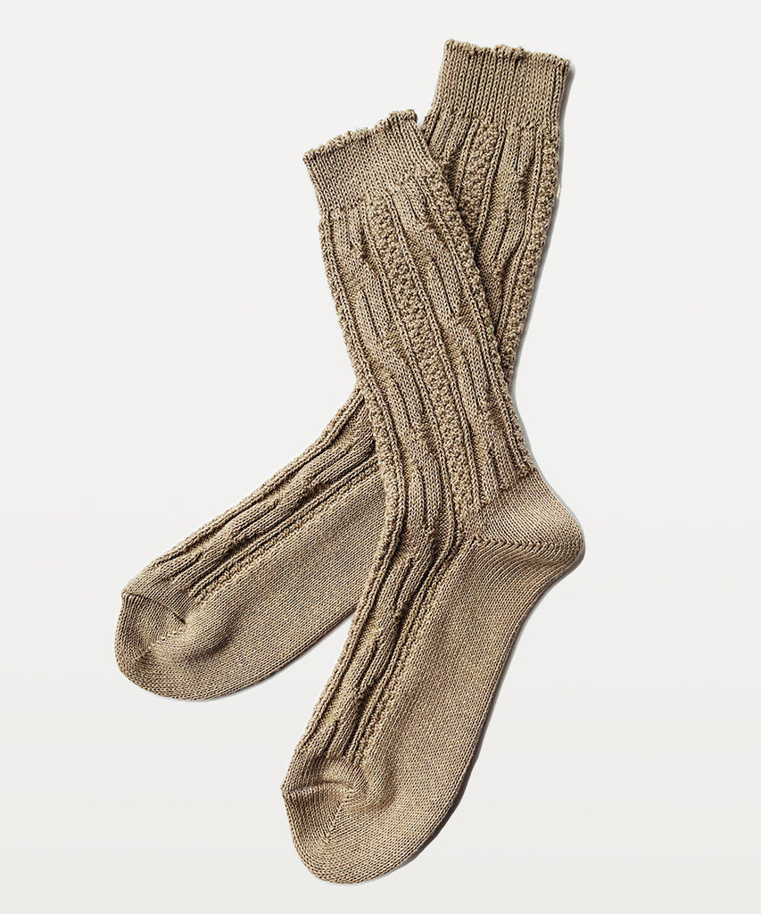 taupe cable knit textured cotton crew socks