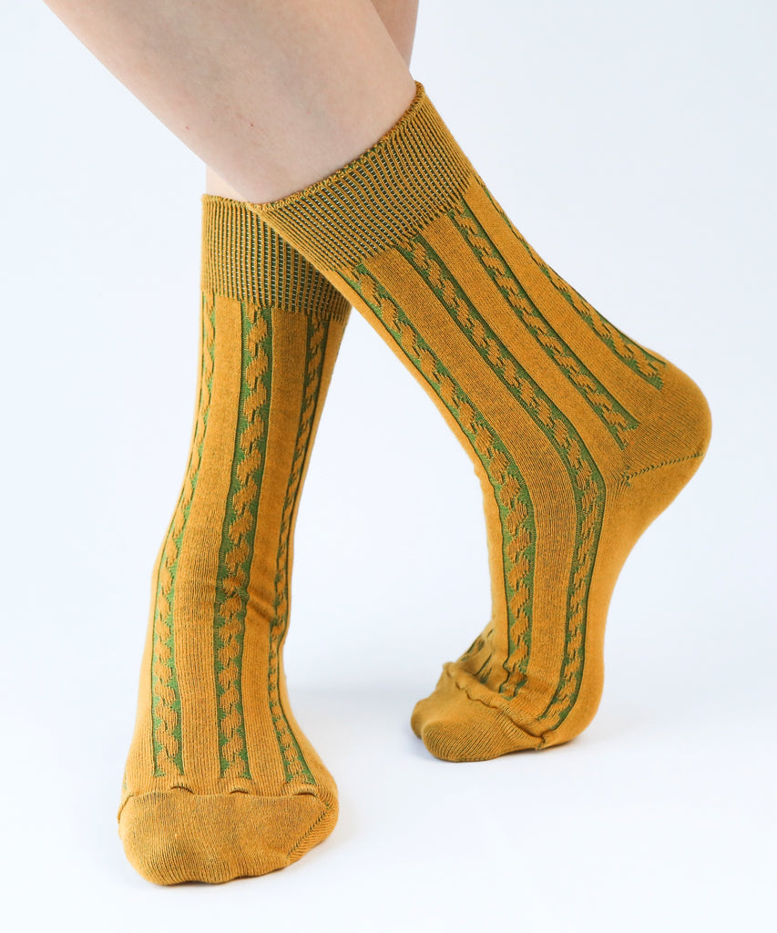 Cotton dress socks with cable design in mustard yellow and green