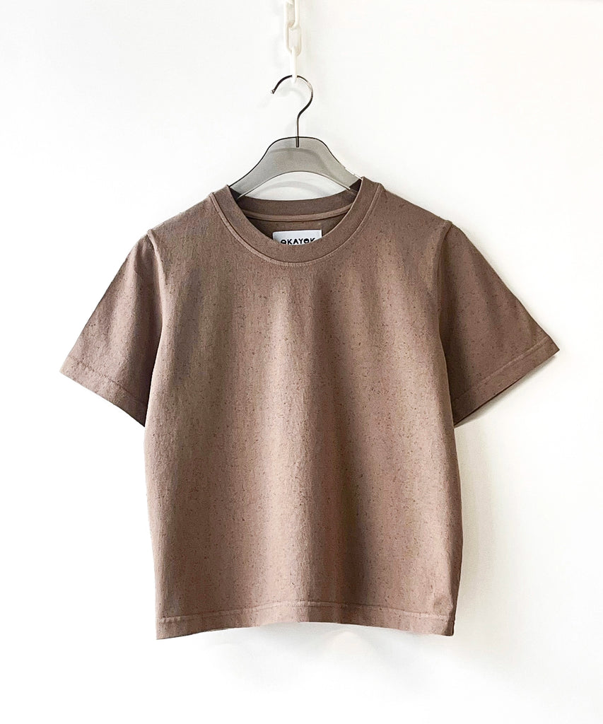 a beige taupe cotton t-shirt with fleck pattern in fabric