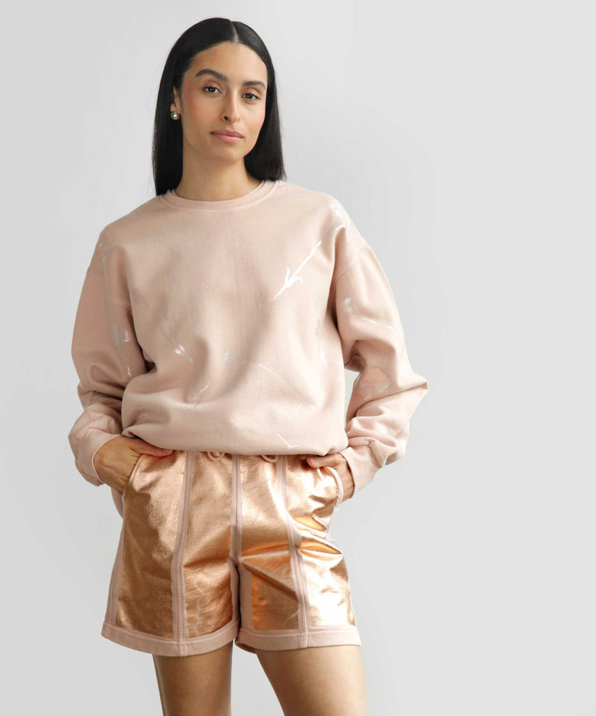 Earthy pink semi-fitted drawstring cotton shorts metallic foil