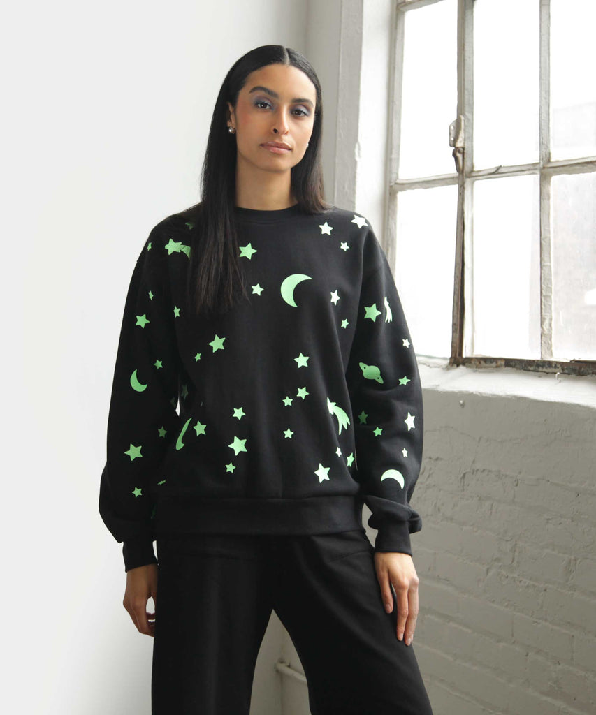 Black unisex cotton fleece sweatshirt glow-in-the-dark stars