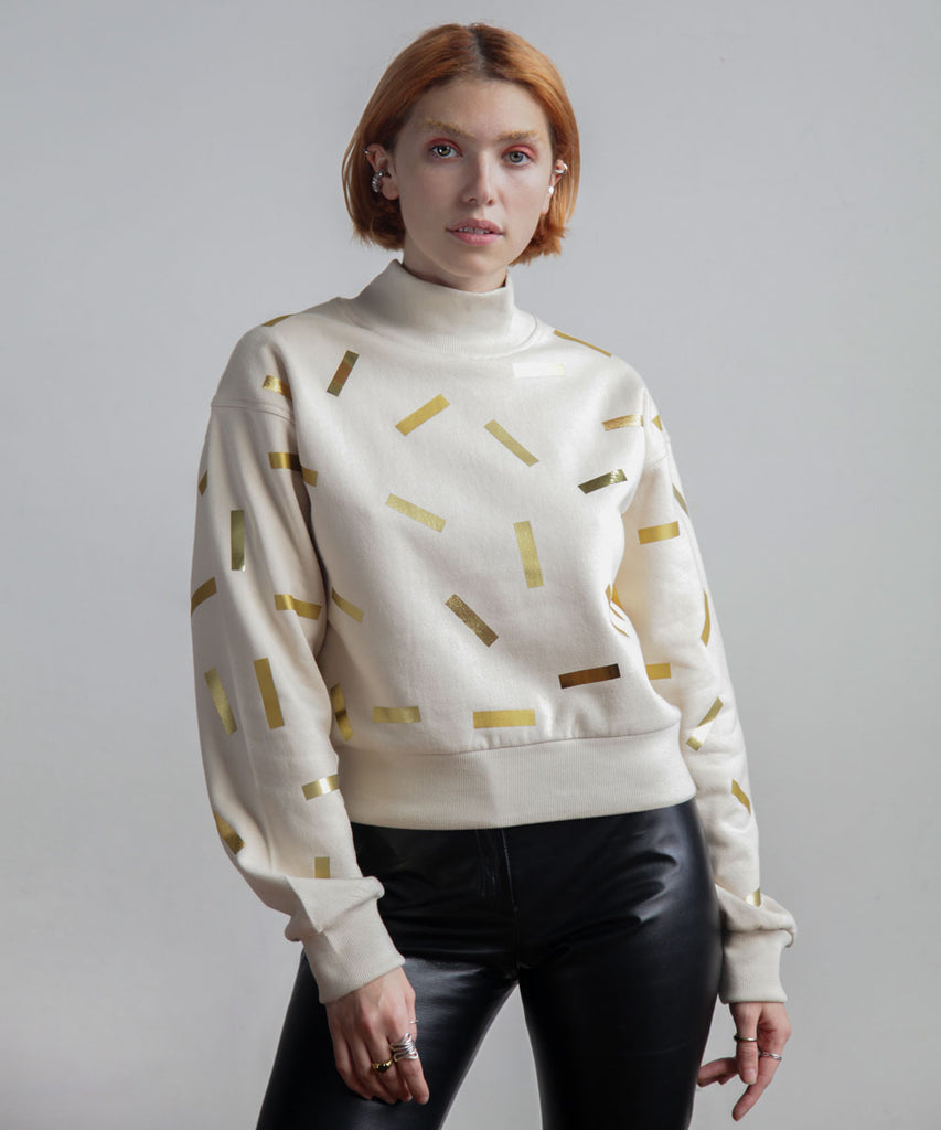 cotton mock neck cropped sweatshirt confetti print gold