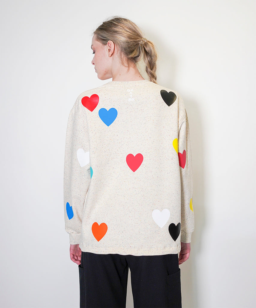 oversized cotton fleck multicolour heart print sweatshirt natural