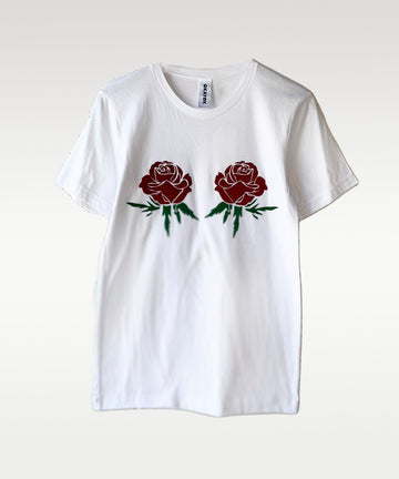 unisex white cotton t-shirt double red rose chest print