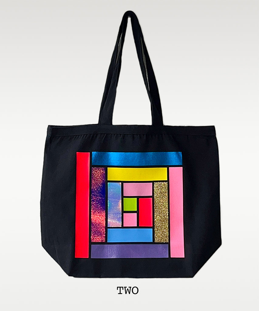 large cotton canvas colourful quilt block tote bag black