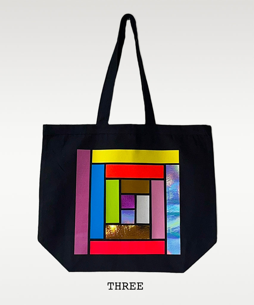 large cotton canvas colourful quilt block tote bag black