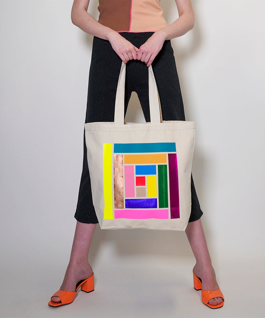 large cotton canvas colourful quilt block tote bag natural