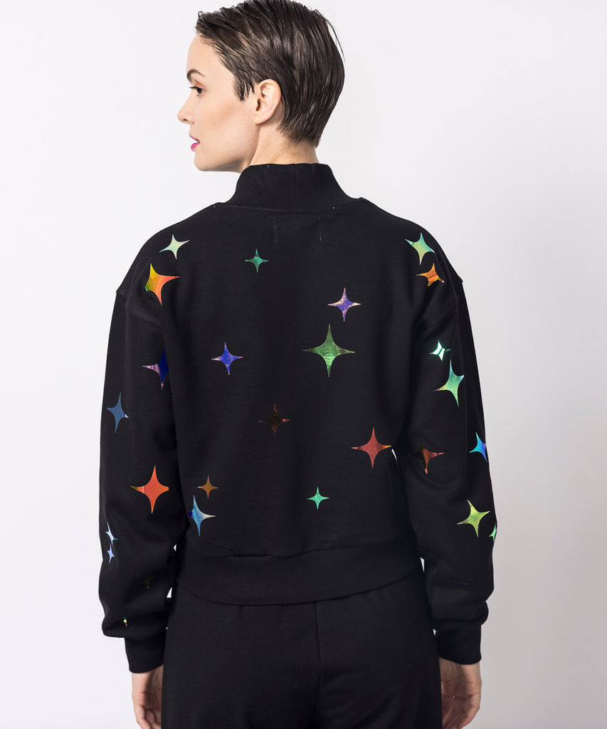 cropped black mockneck sweatshirt twinkle iridescent graphic