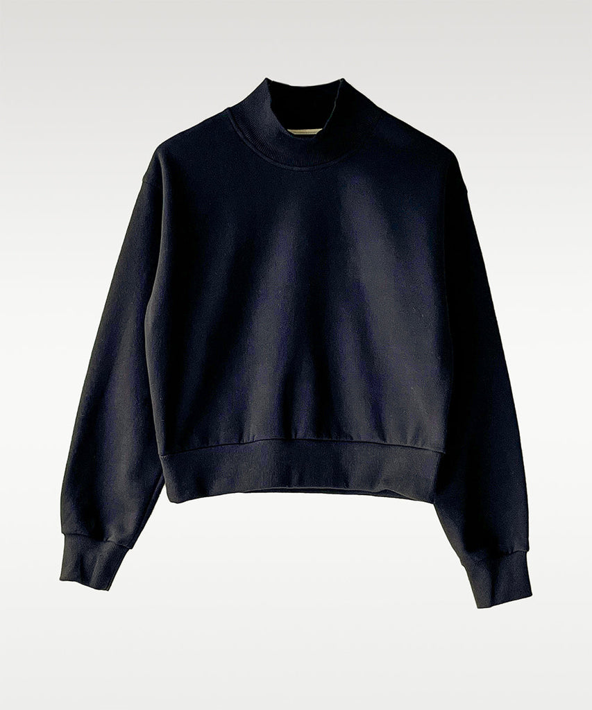 cropped mockneck cotton fleece black sweatshirt