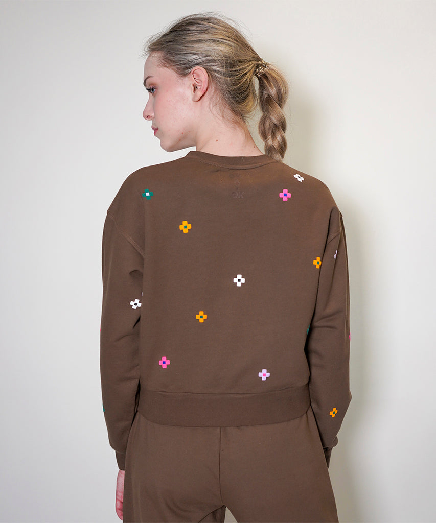 cropped cotton sweatshirt pixel flower brown