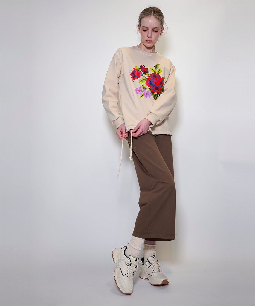 oversized cotton sweatshirt pixelated floral print drawstring hem